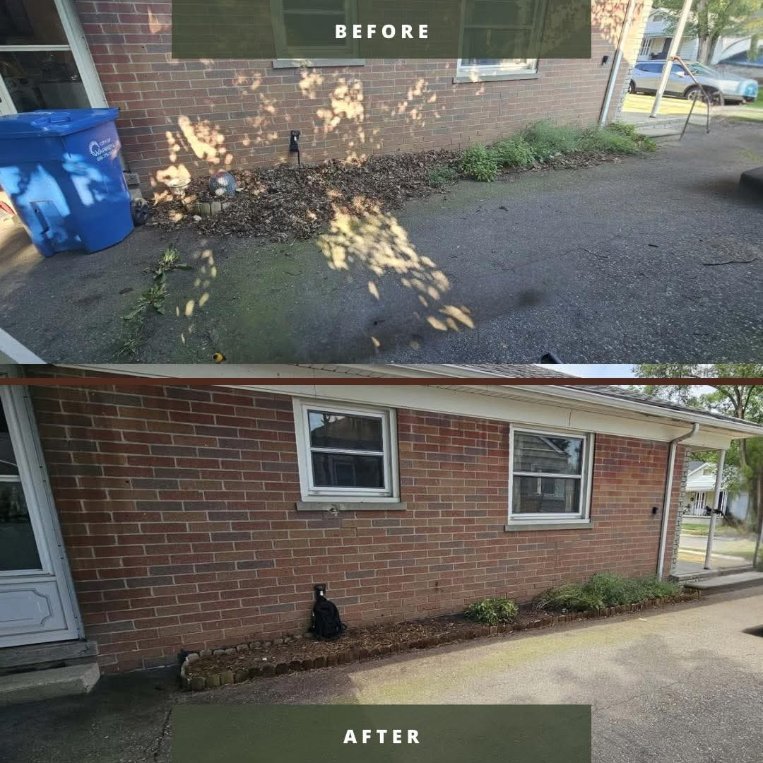 Before and after: flower bed cleanup and weeding along a brick house