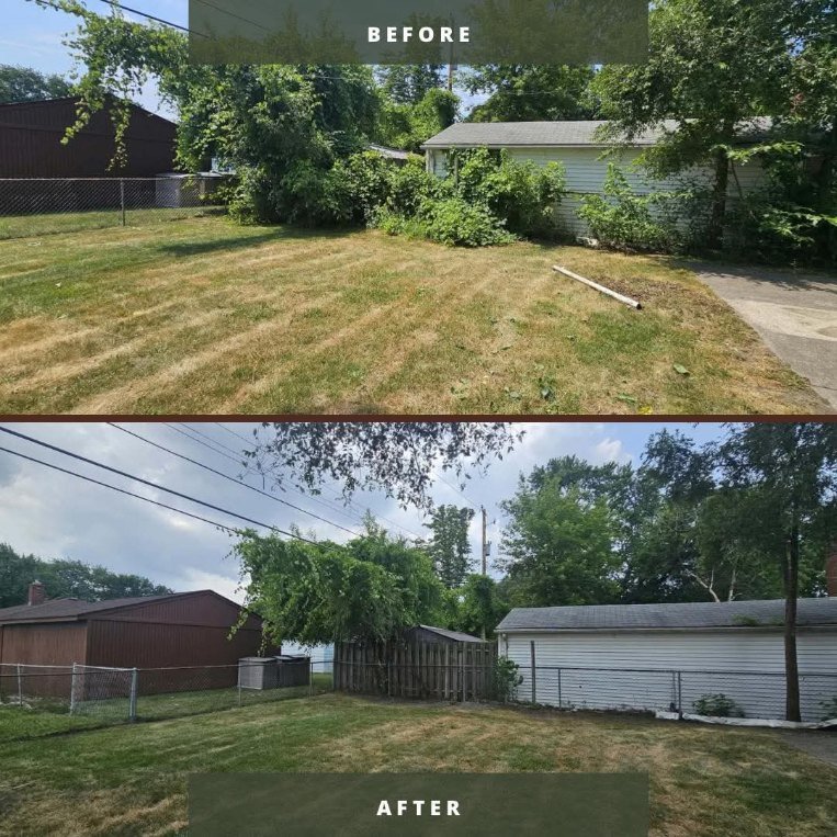Before and after: brush and fence line cleared between two garages, lawn greened up